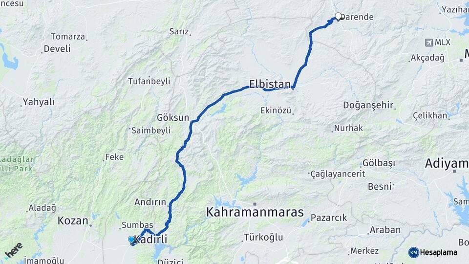 Osmaniye Kadirli Darende Malatya Arası Kaç Km - Yol Haritası
