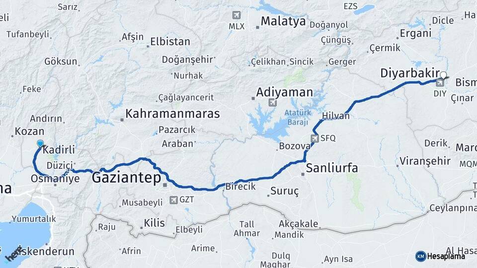 Osmaniye Kadirli Diyarbakır Arası Kaç Km - Yol Haritası