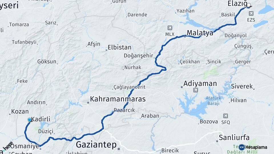 Osmaniye Kadirli Elazığ Arası Kaç Km - Yol Haritası