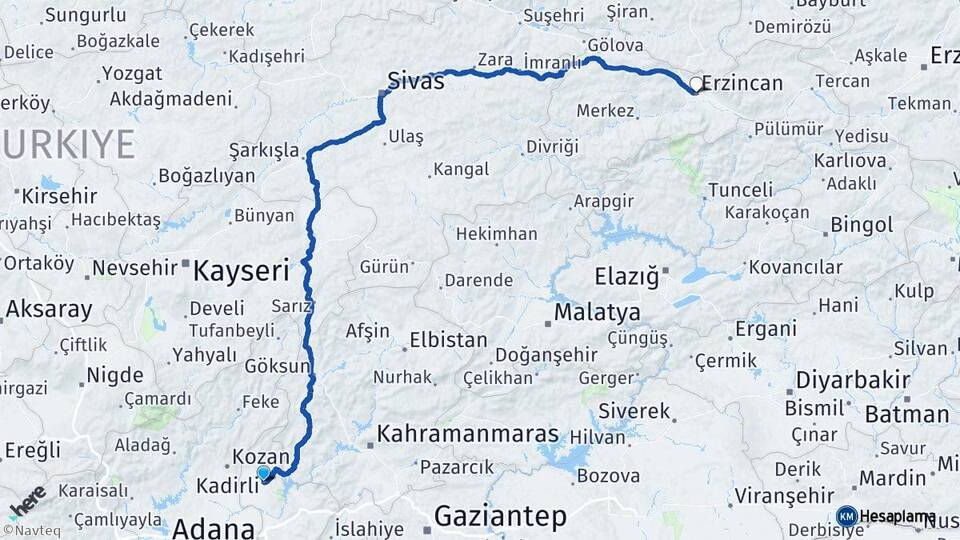 Osmaniye Kadirli Erzincan Arası Kaç Km - Yol Haritası