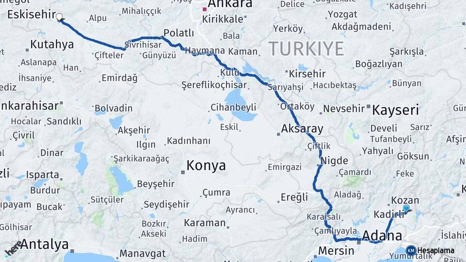 Osmaniye Kadirli Eskişehir Arası Kaç Km - Yol Haritası