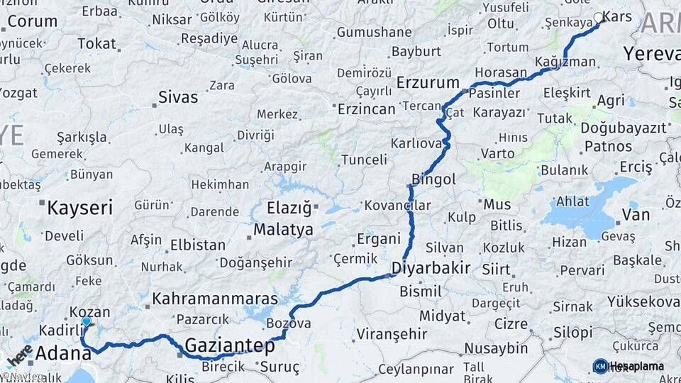 Osmaniye Kadirli Kars Arası Kaç Km - Yol Haritası