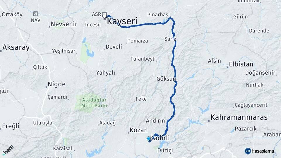 Osmaniye Kadirli Kayseri Arası Kaç Km - Yol Haritası