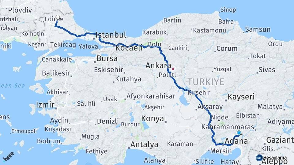 Osmaniye Kadirli Kırklareli Arası Kaç Km - Yol Haritası