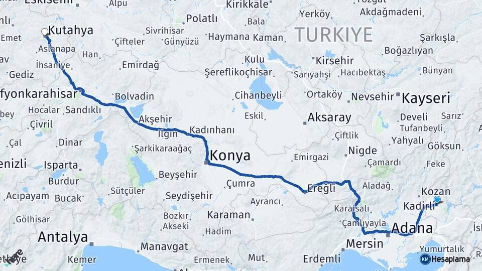 Osmaniye Kadirli Kütahya Arası Kaç Km - Yol Haritası