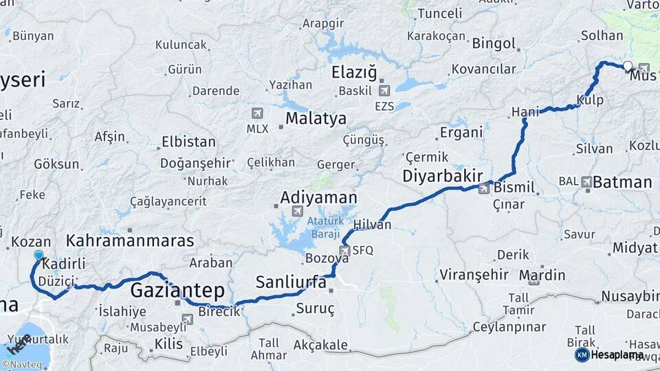 Osmaniye Kadirli Muş Arası Kaç Km - Yol Haritası