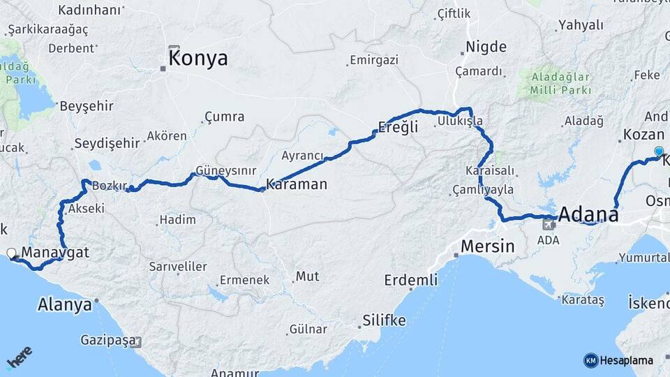 Osmaniye Kadirli Side Manavgat Antalya Arası Kaç Km - Yol Haritası