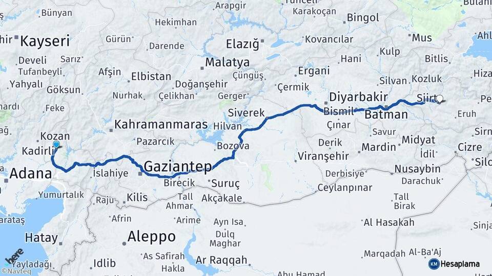 Osmaniye Kadirli Siirt Arası Kaç Km - Yol Haritası