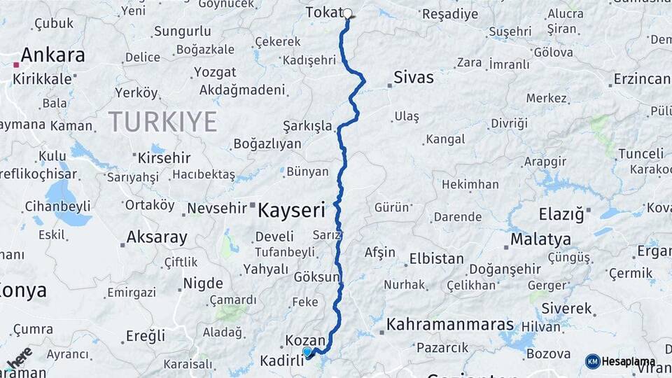 Osmaniye Kadirli Tokat Arası Kaç Km - Yol Haritası