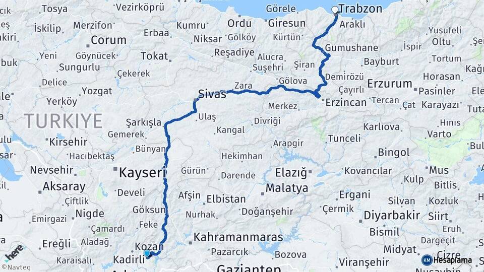 Osmaniye Kadirli Trabzon Arası Kaç Km - Yol Haritası