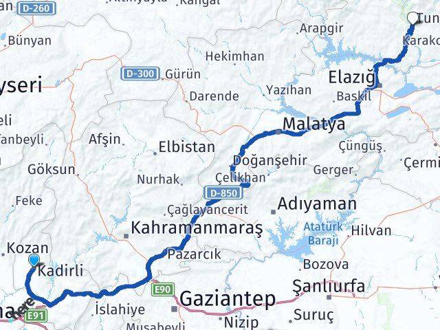 Osmaniye Kadirli Tunceli Arası Kaç Km - Yol Haritası