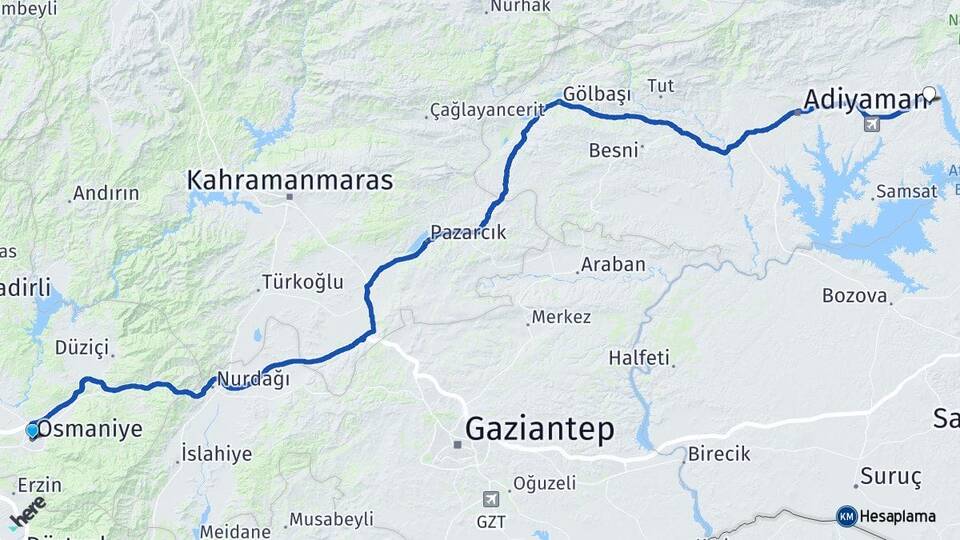 Osmaniye Kahta Adıyaman Arası Kaç Km - Yol Haritası