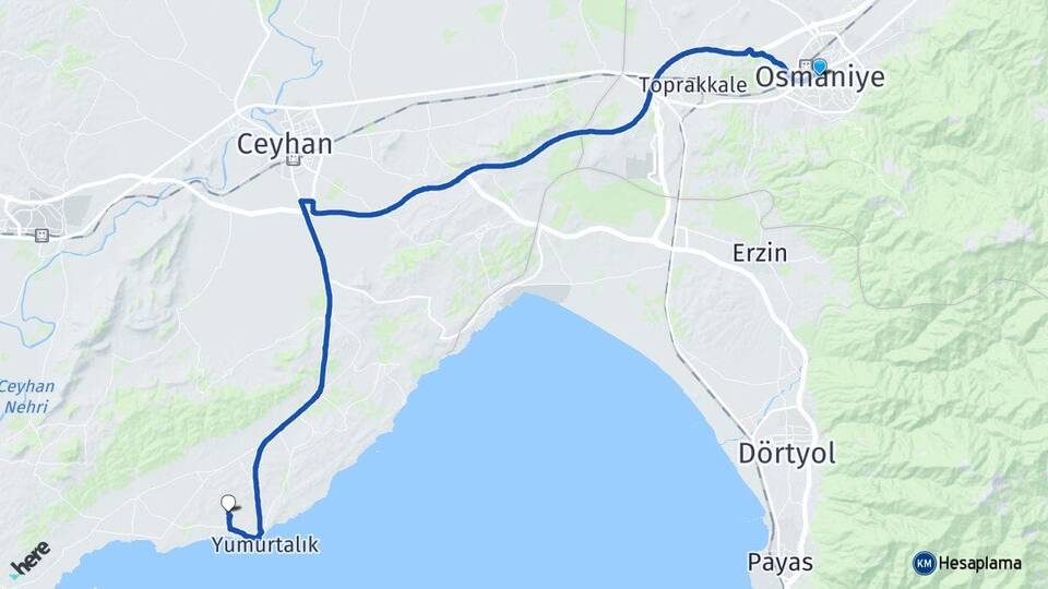 Osmaniye Kalemli Yumurtalık Adana Arası Kaç Km - Yol Haritası