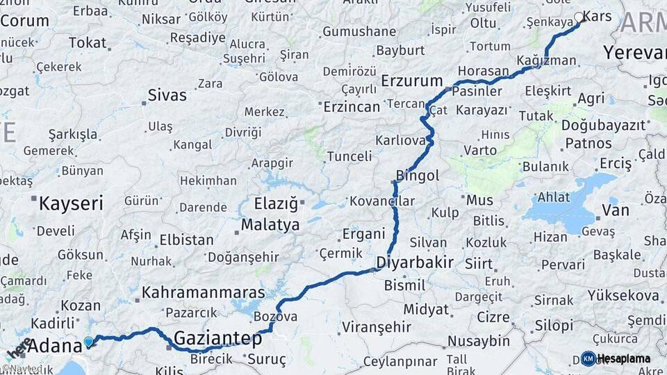 Osmaniye Kars Arası Kaç Km - Yol Haritası