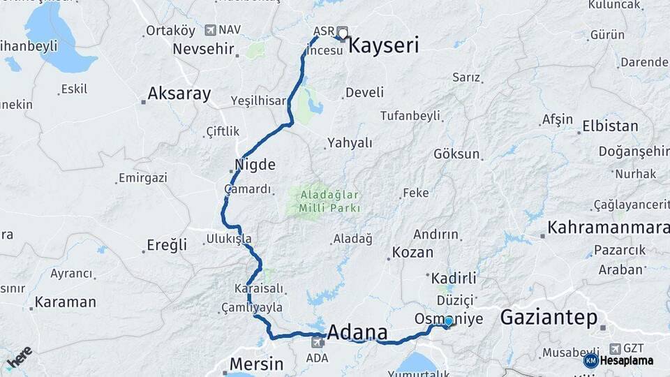 Osmaniye Kayseri Arası Kaç Km - Yol Haritası
