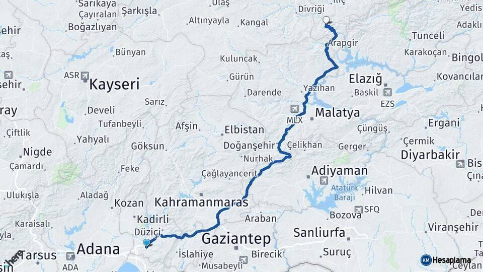 Osmaniye Kemaliye Erzincan Arası Kaç Km - Yol Haritası