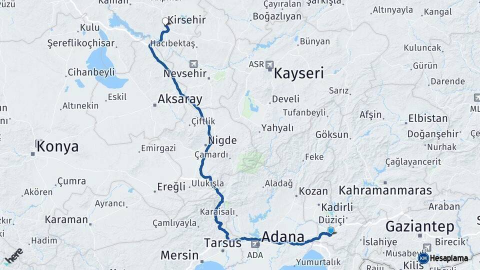 Osmaniye Kırşehir Arası Kaç Km - Yol Haritası
