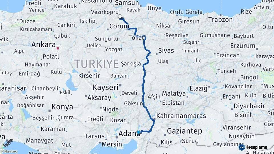 Osmaniye Merzifon Amasya Arası Kaç Km - Yol Haritası