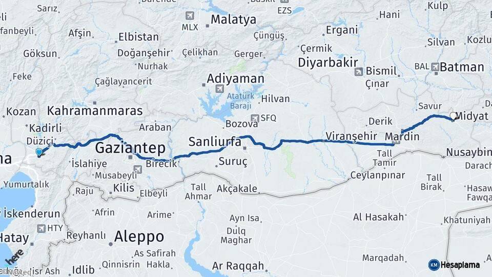 Osmaniye Midyat Mardin Arası Kaç Km - Yol Haritası
