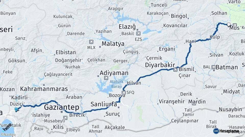 Osmaniye Muş Arası Kaç Km - Yol Haritası