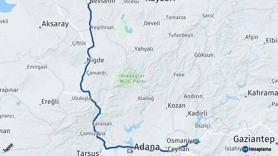 Osmaniye Nevşehir Arası Kaç Km - Yol Haritası