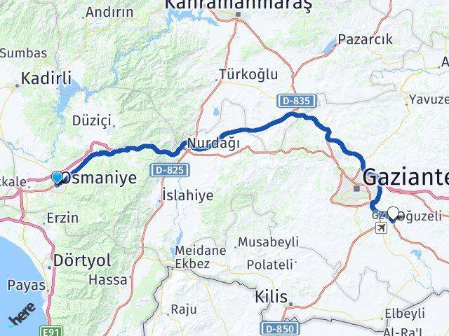 Osmaniye Oğuzeli Gaziantep Arası Kaç Km - Yol Haritası
