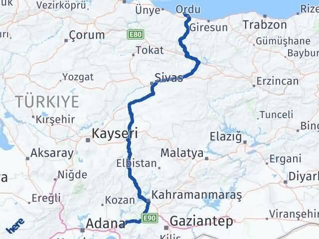 Osmaniye Perşembe Ordu Arası Kaç Km - Yol Haritası