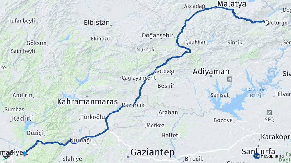 Osmaniye Pütürge Malatya Arası Kaç Km - Yol Haritası