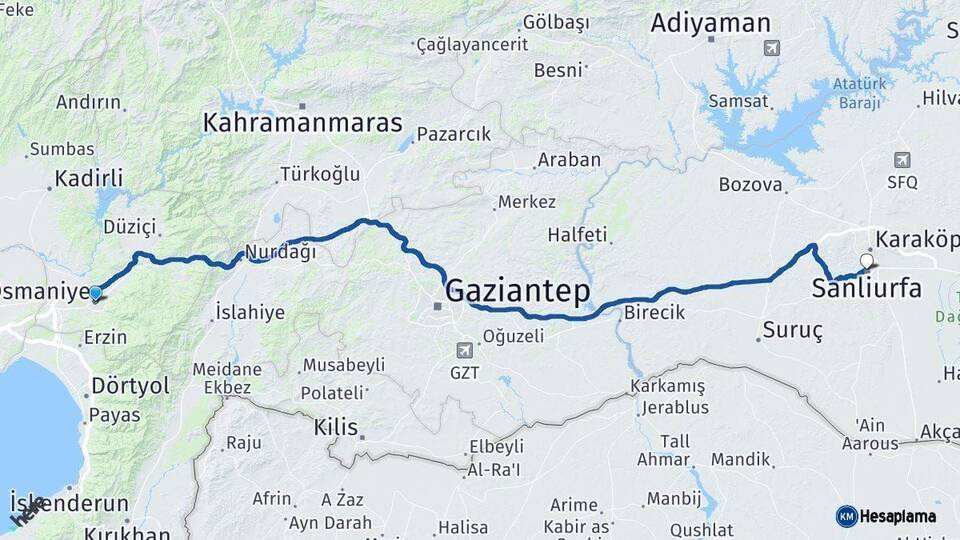 Osmaniye Şanlıurfa Arası Kaç Km - Yol Haritası