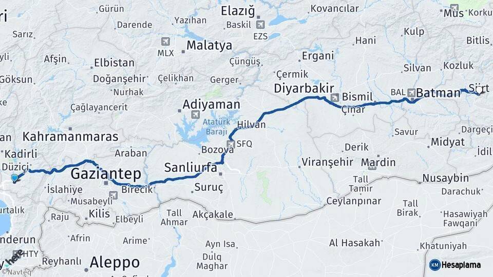 Osmaniye Siirt Arası Kaç Km - Yol Haritası