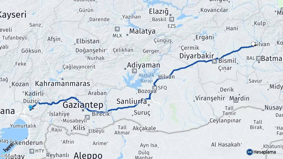 Osmaniye Silvan Diyarbakır Arası Kaç Km - Yol Haritası