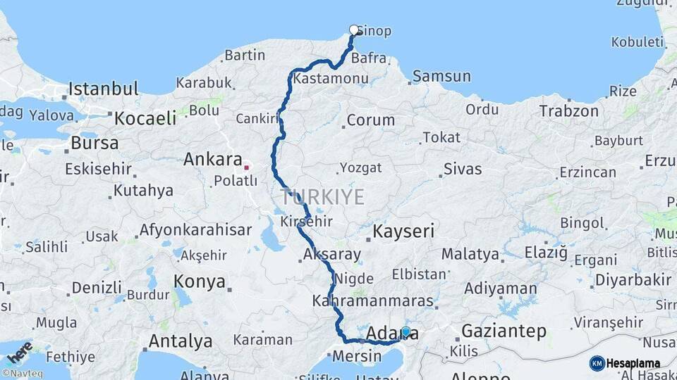 Osmaniye Sinop Arası Kaç Km - Yol Haritası