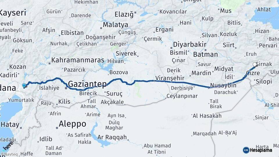 Osmaniye Şırnak Arası Kaç Km - Yol Haritası