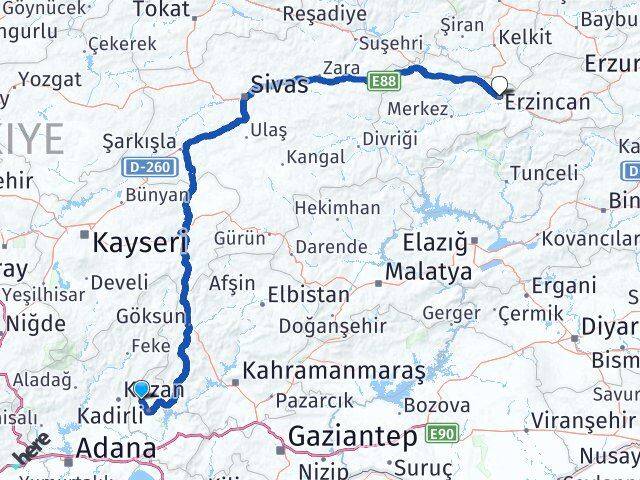 Osmaniye Sumbas Erzincan Arası Kaç Km - Yol Haritası