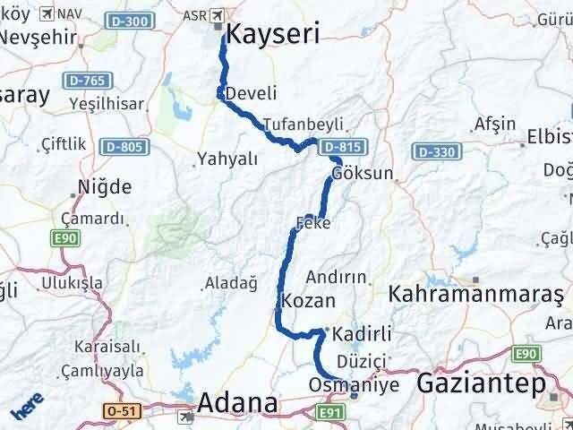 Osmaniye Talas Kayseri Arası Kaç Km - Yol Haritası