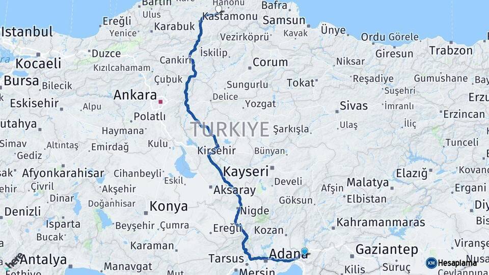Osmaniye Taşköprü Kastamonu Arası Kaç Km - Yol Haritası