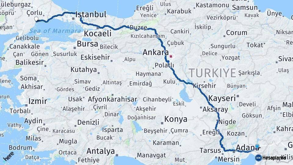 Osmaniye Tekirdağ Arası Kaç Km - Yol Haritası