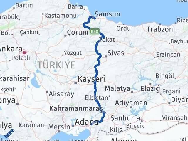 Osmaniye Tekkeköy Samsun Arası Kaç Km - Yol Haritası