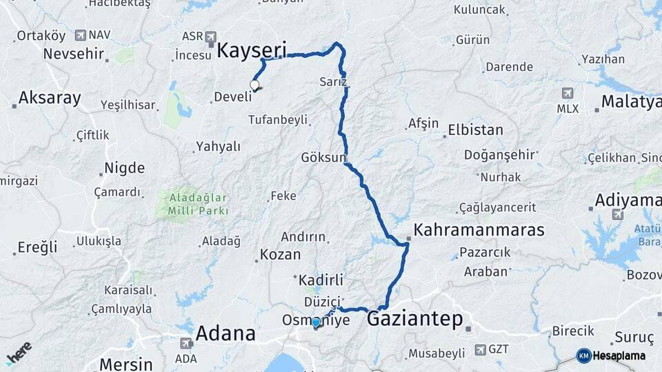 Osmaniye Tomarza Kayseri Arası Kaç Km - Yol Haritası