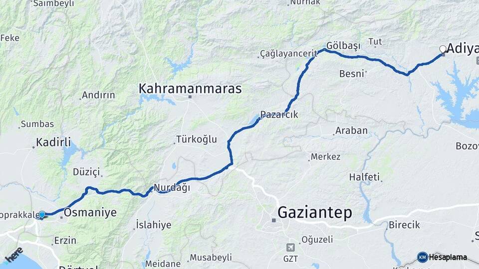 Osmaniye Toprakkale Adıyaman Arası Kaç Km - Yol Haritası