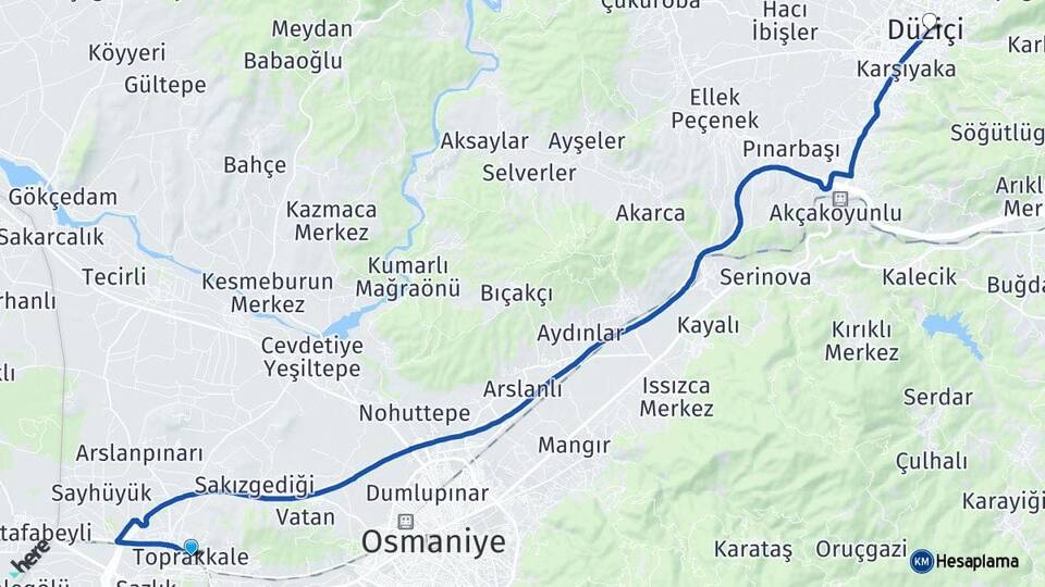 Osmaniye Toprakkale Düziçi Arası Kaç Km - Yol Haritası