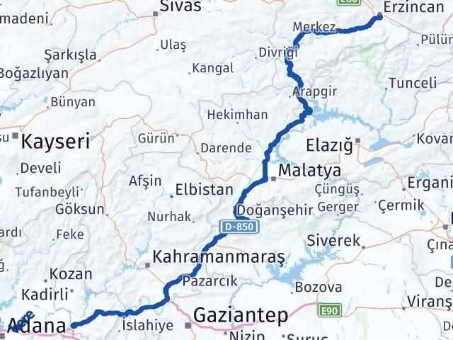 Osmaniye Toprakkale Erzincan Arası Kaç Km - Yol Haritası