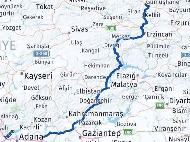 Osmaniye Toprakkale Gümüşhane Arası Kaç Km - Yol Haritası