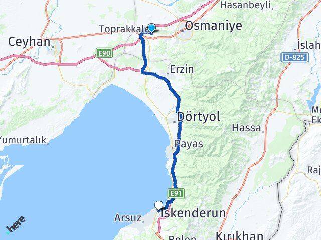 Osmaniye Toprakkale İskenderun Hatay Arası Kaç Km - Yol Haritası