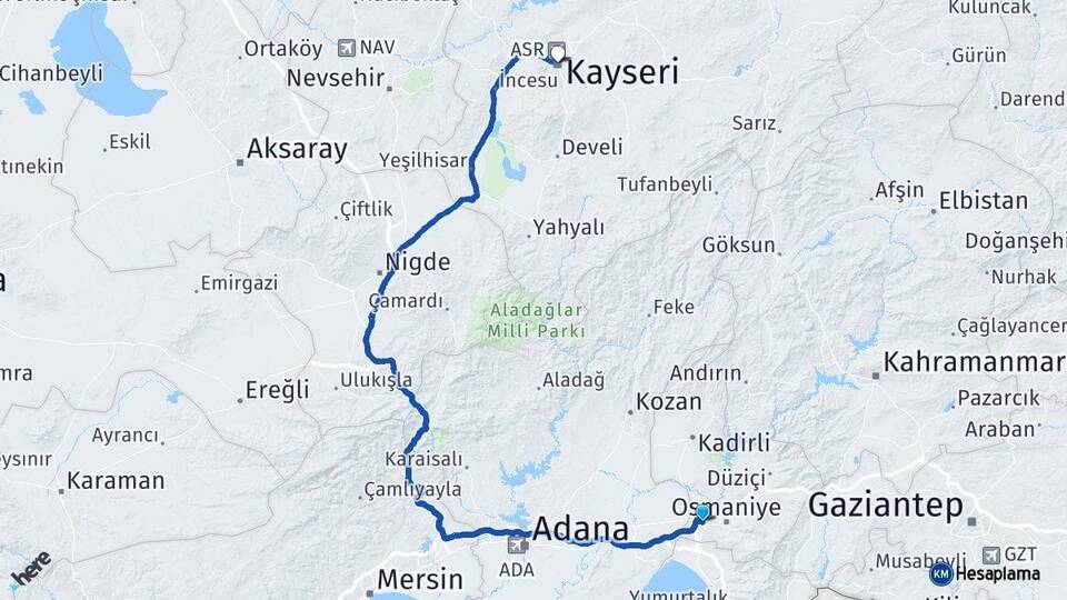 Osmaniye Toprakkale Kayseri Arası Kaç Km - Yol Haritası