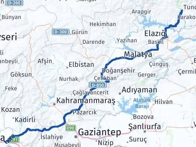 Osmaniye Toprakkale Tunceli Arası Kaç Km - Yol Haritası
