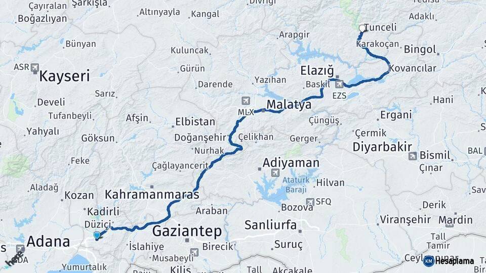 Osmaniye Tunceli Arası Kaç Km - Yol Haritası