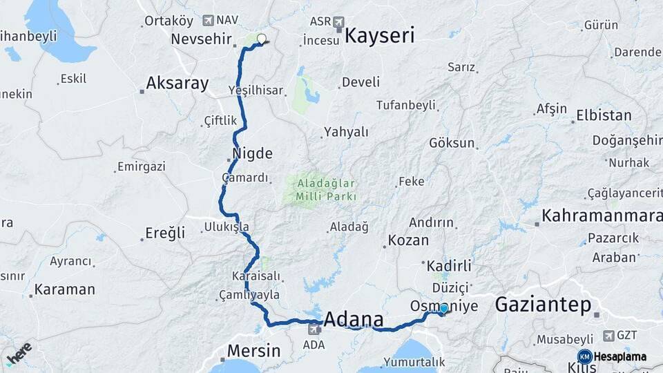Osmaniye Ürgüp Nevşehir Arası Kaç Km - Yol Haritası