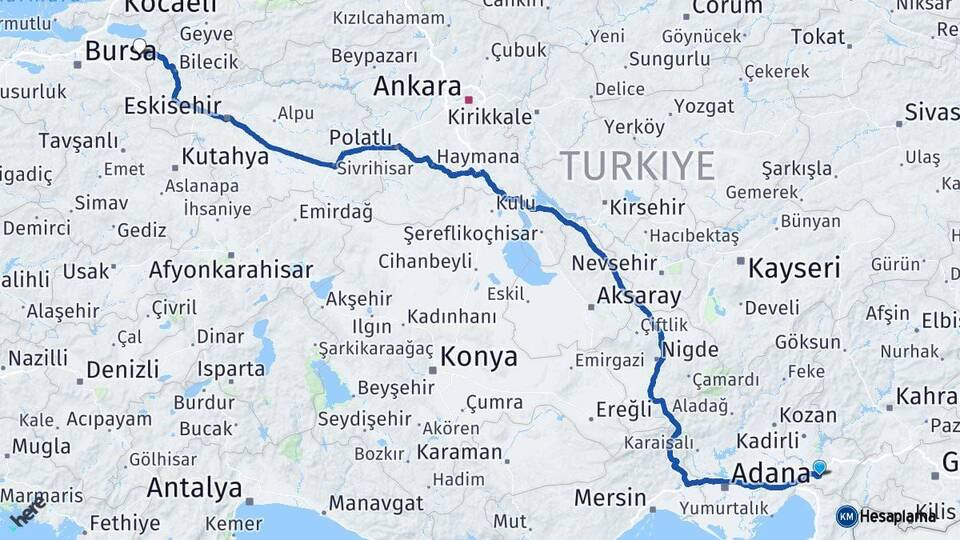 Osmaniye Yenişehir Bursa Arası Kaç Km - Yol Haritası