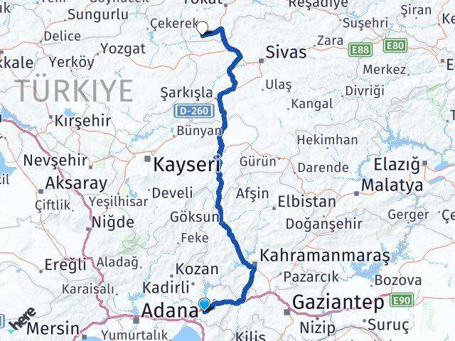 Osmaniye Yeşilyurt Tokat Arası Kaç Km - Yol Haritası